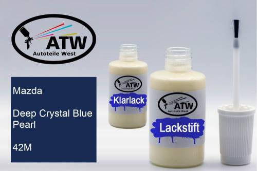 Mazda, Deep Crystal Blue Pearl, 42M: 20ml Lackstift + 20ml Klarlack - Set, von ATW Autoteile West.